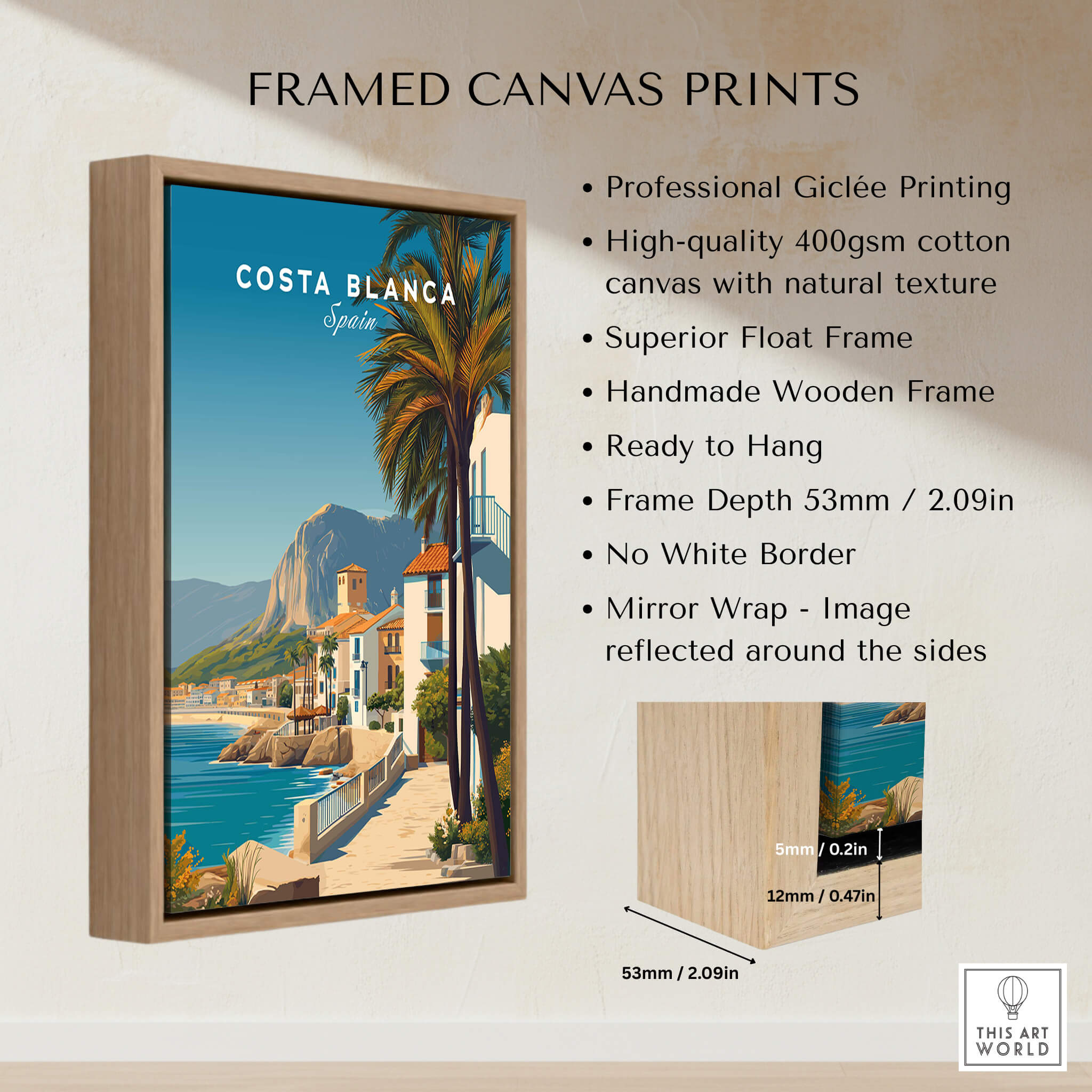 Costa Blanca Travel Poster - Spain Canvas Print framed with a handmade wooden frame, showcasing vibrant coastal scenery.