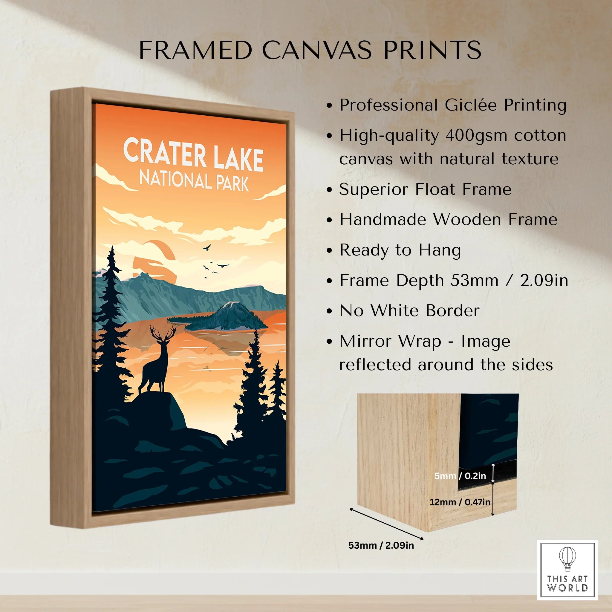 Framed canvas print of Crater Lake National Park with deer and mountain landscape, float frame detail.