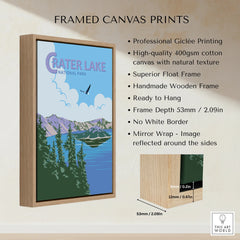 Framed canvas print of Crater Lake National Park with float wood frame and mountain scenery