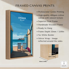Cromer Travel Poster – Norfolk Beach Huts Art Print displayed in a framed canvas print, showcasing vibrant beach huts.