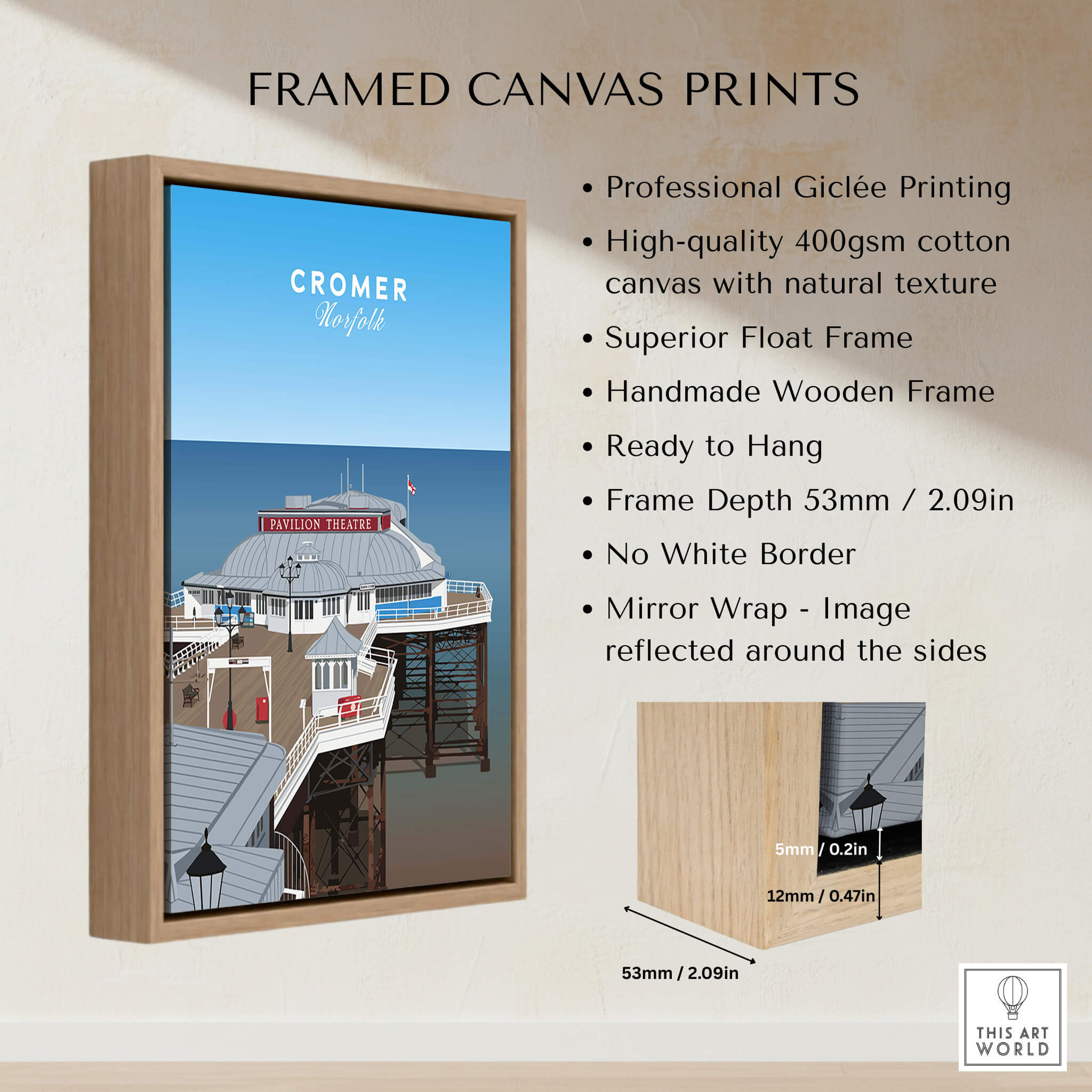 Cromer Travel Poster – Norfolk Pier & Pavilion Theatre Landmark Art framed print showcasing Victorian seaside architecture.