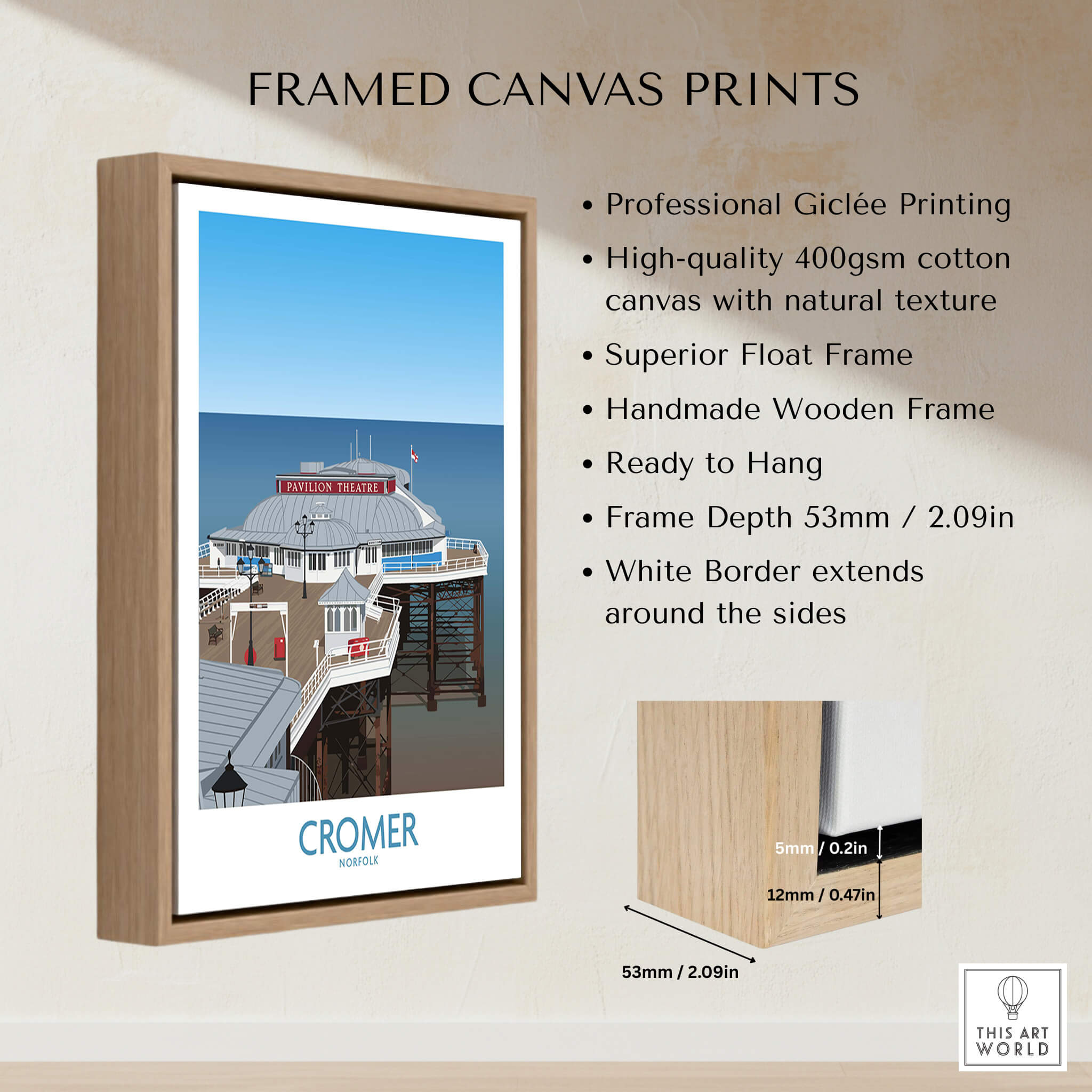 Cromer Norfolk Wall Art – Historic Seaside Pier Art Print framed canvas with professional giclée printing in high-quality.