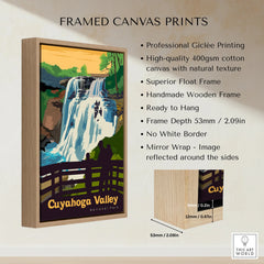 Framed canvas print of Cuyahoga Valley National Park waterfall with wooden float frame
