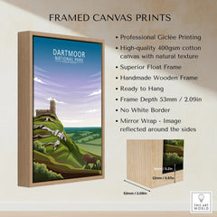 Framed Dartmoor National Park canvas print with wooden float frame and landscape illustration.
