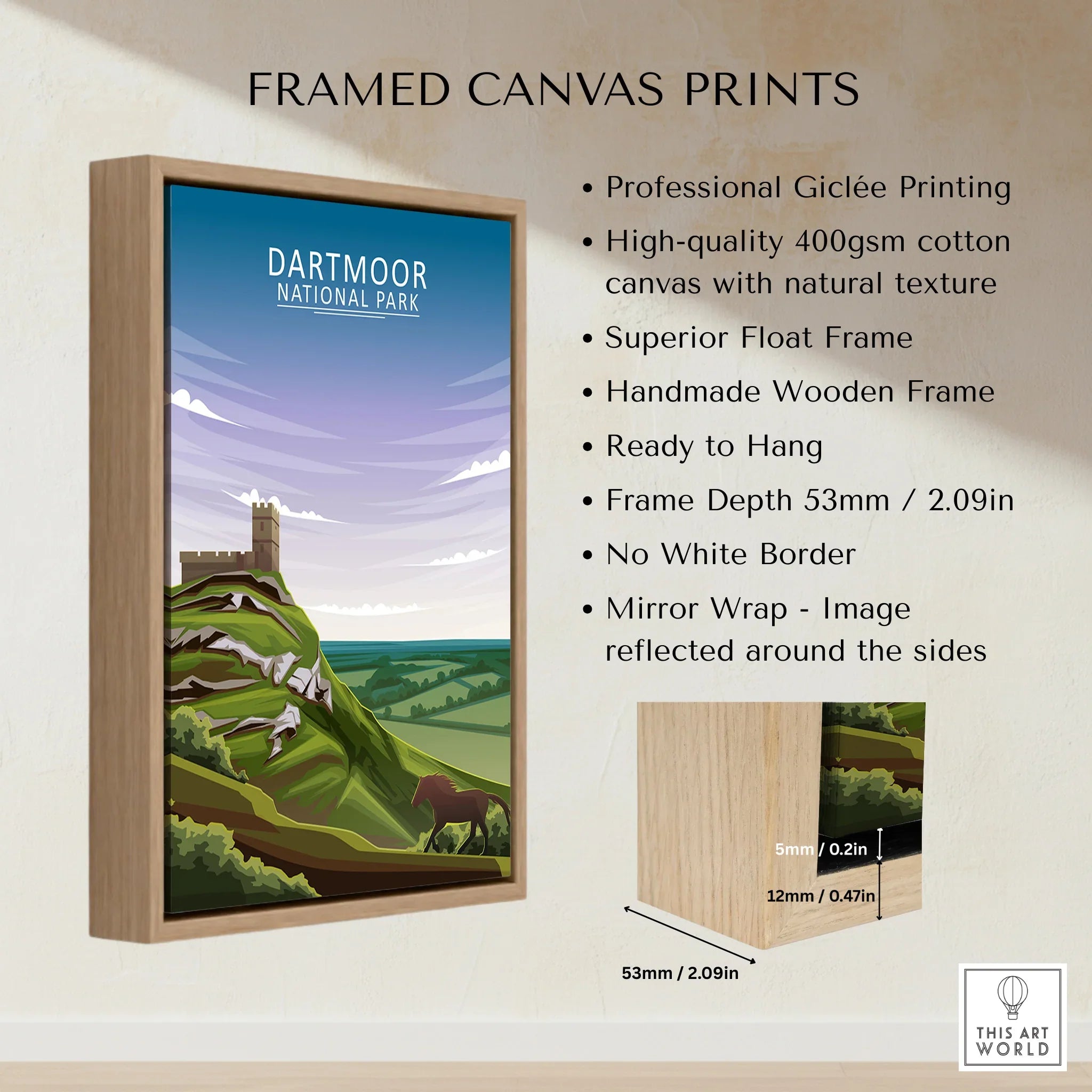 Framed Dartmoor National Park canvas print with wooden float frame and landscape illustration.