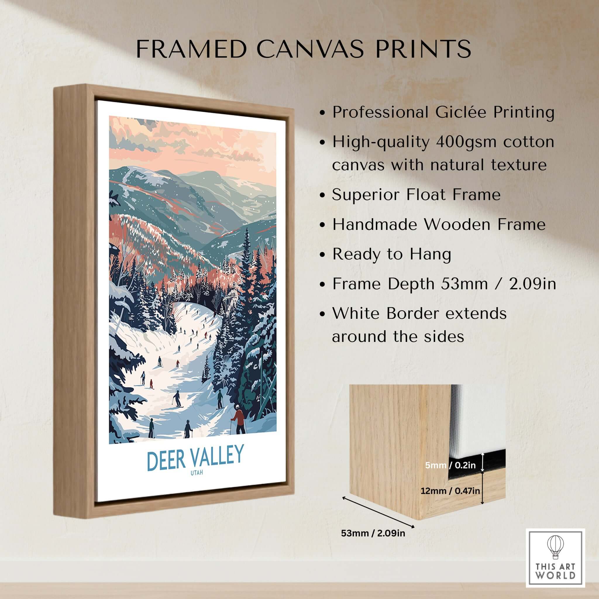 Deer Valley Travel Poster - Utah framed canvas print showcasing scenic winter landscape and professional giclée printing.