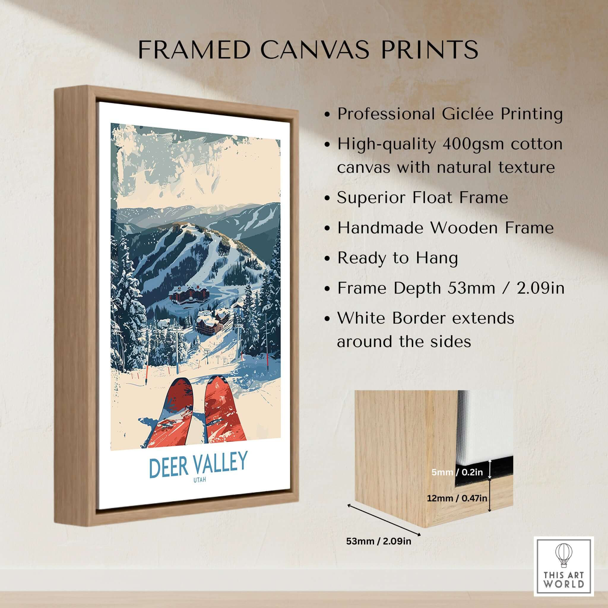 Framed Deer Valley Wall Art featuring ski scene, professional Giclée printing, ready to hang with natural texture.