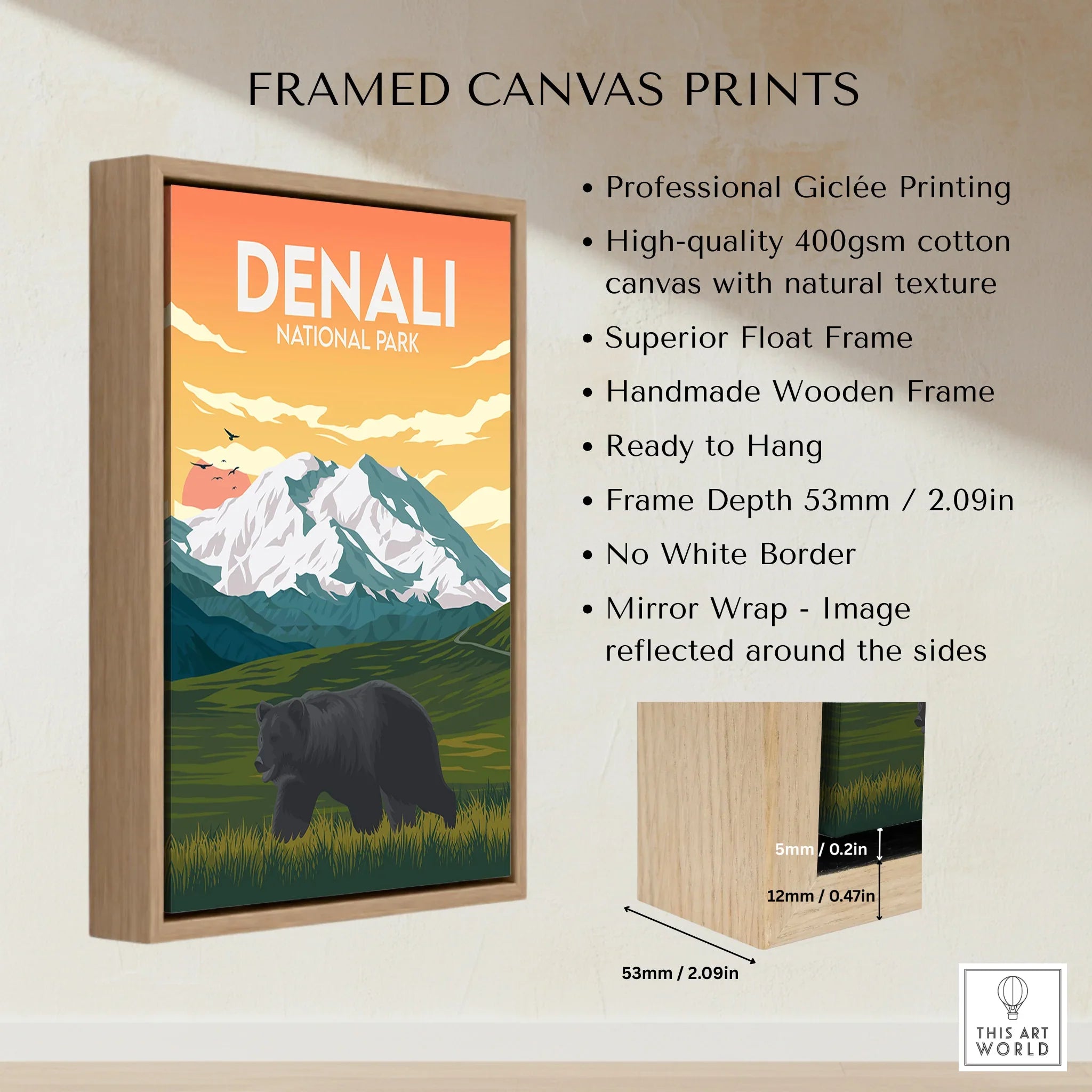 Denali National Park framed canvas print with float frame, mountain and bear illustration, wall art details