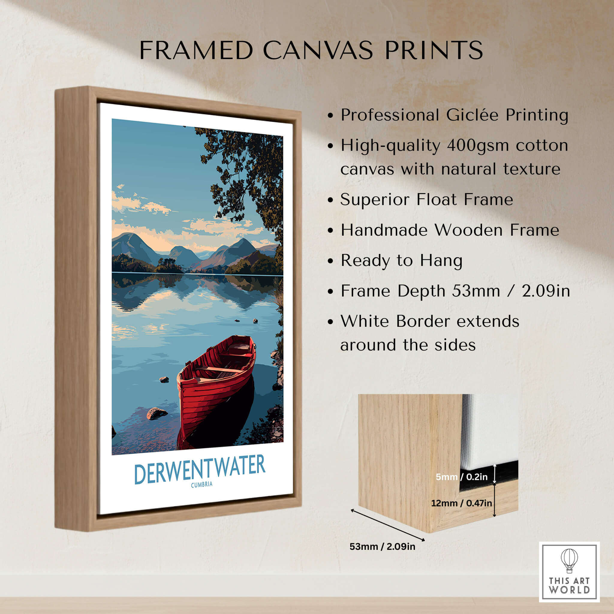 Derwentwater Cumbria Wall Art – Mountain Lake Landscape Print framed canvas print showcasing a serene lake view.