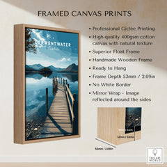 Derwentwater Travel Poster – Lake District Canvas Print displayed in a handmade wooden frame with natural texture.
