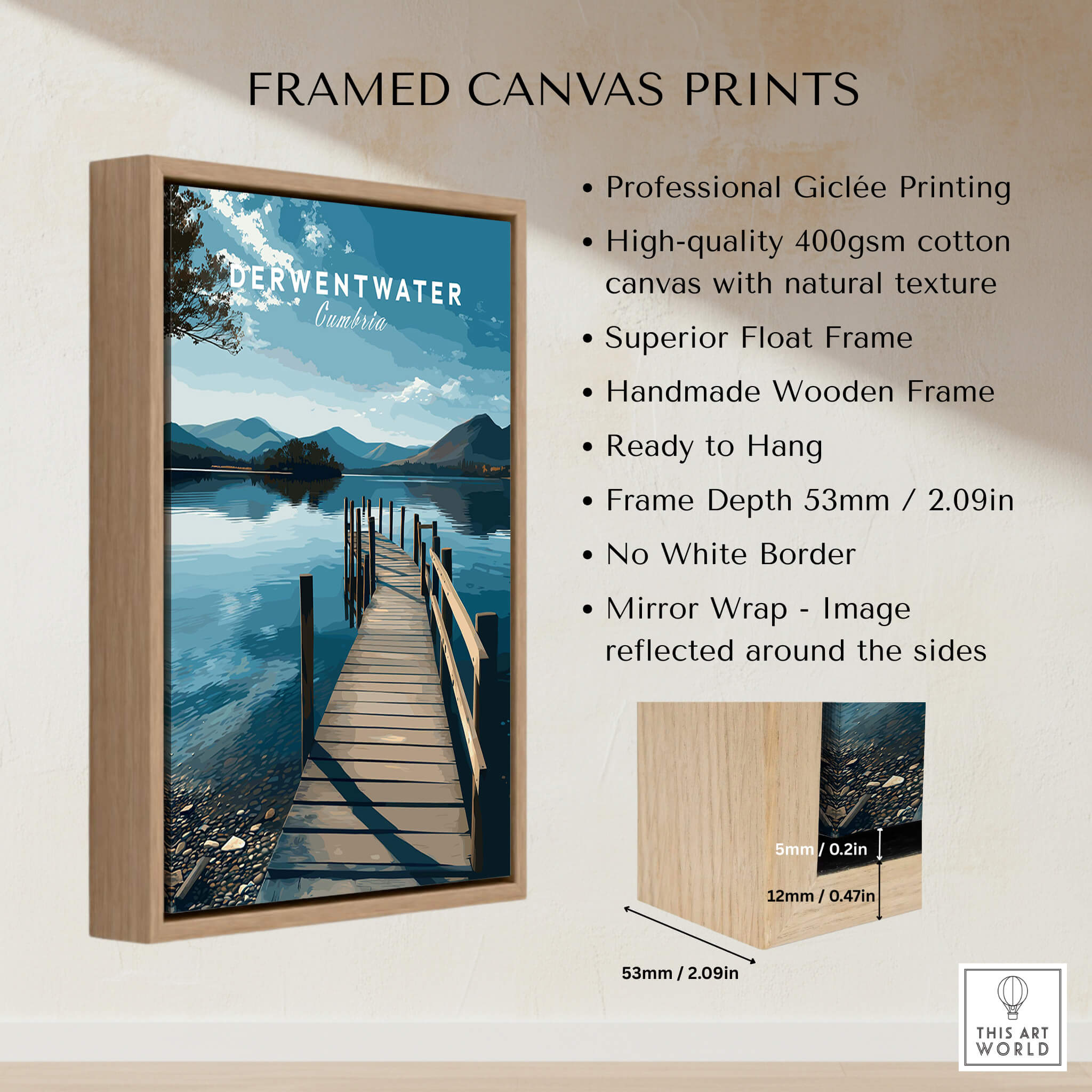 Derwentwater Travel Poster – Lake District Canvas Print displayed in a handmade wooden frame with natural texture.