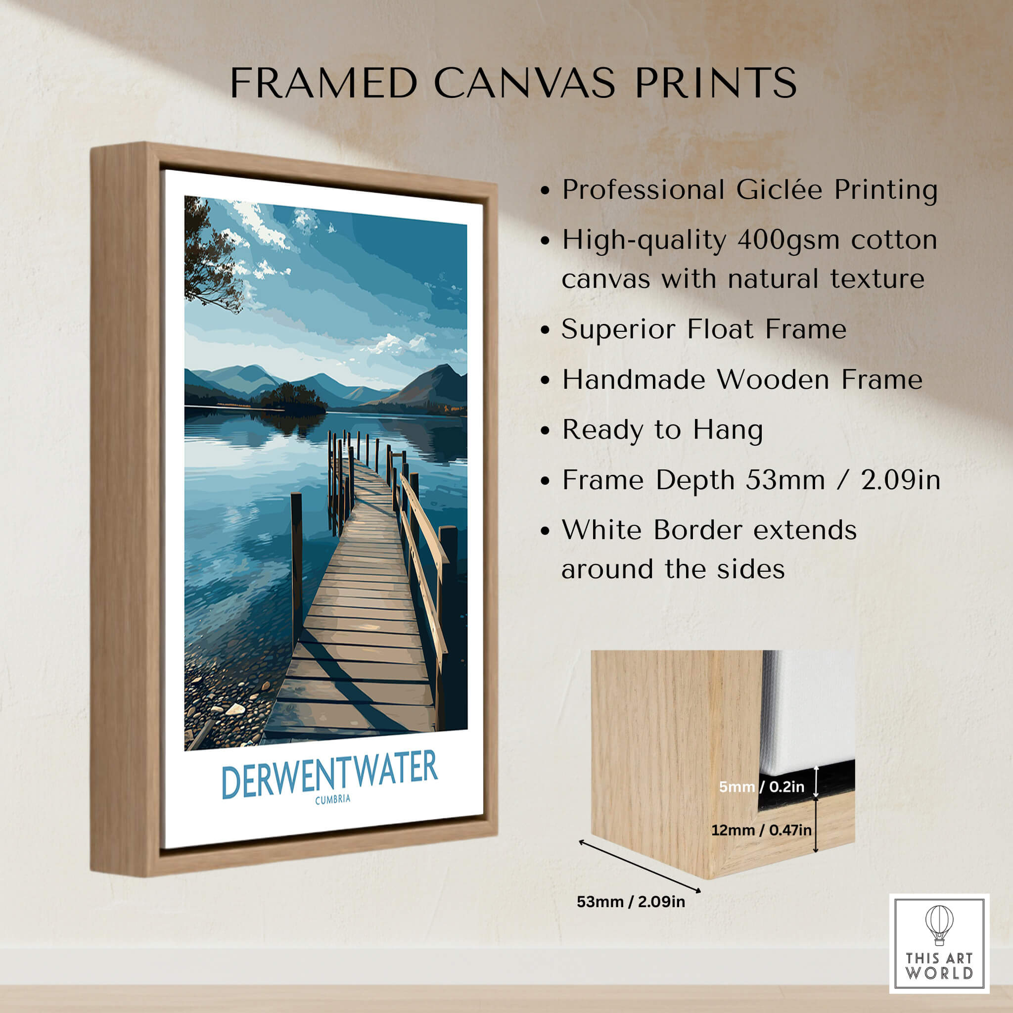 Derwentwater Cumbria Wall Art – Scenic Lake Pier Art Print displayed in a handmade wooden frame with a white border.