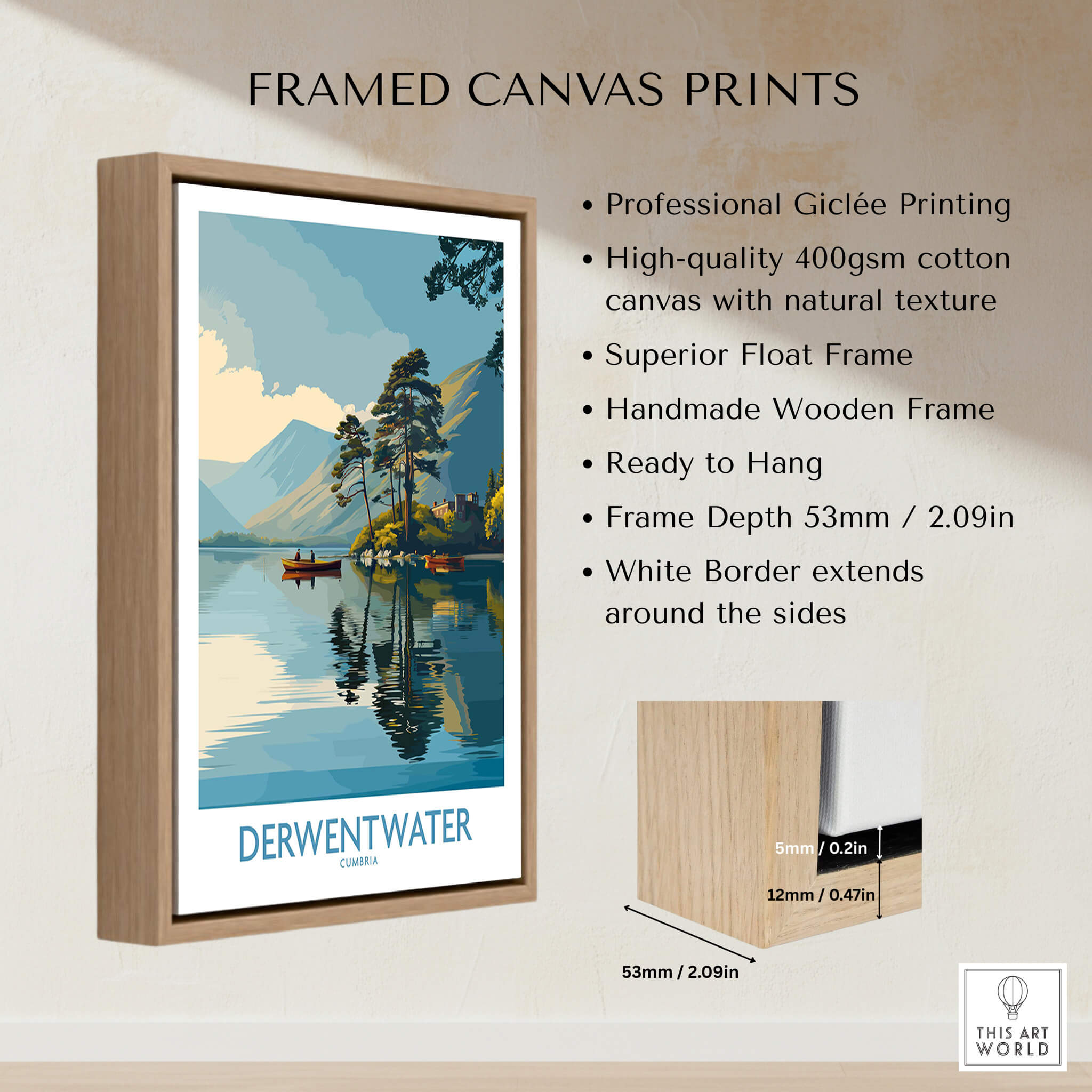 Derwentwater Cumbria Wall Art – Canvas Print framed with a wooden border, showcasing vivid colors and textures of the Lake District.
