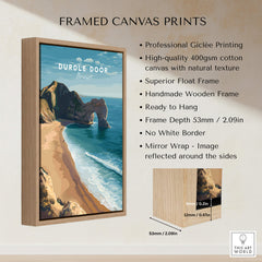 Durdle Door Poster – Jurassic Coast Wall Art framed with natural wood, showcasing iconic limestone arch and turquoise waters.
