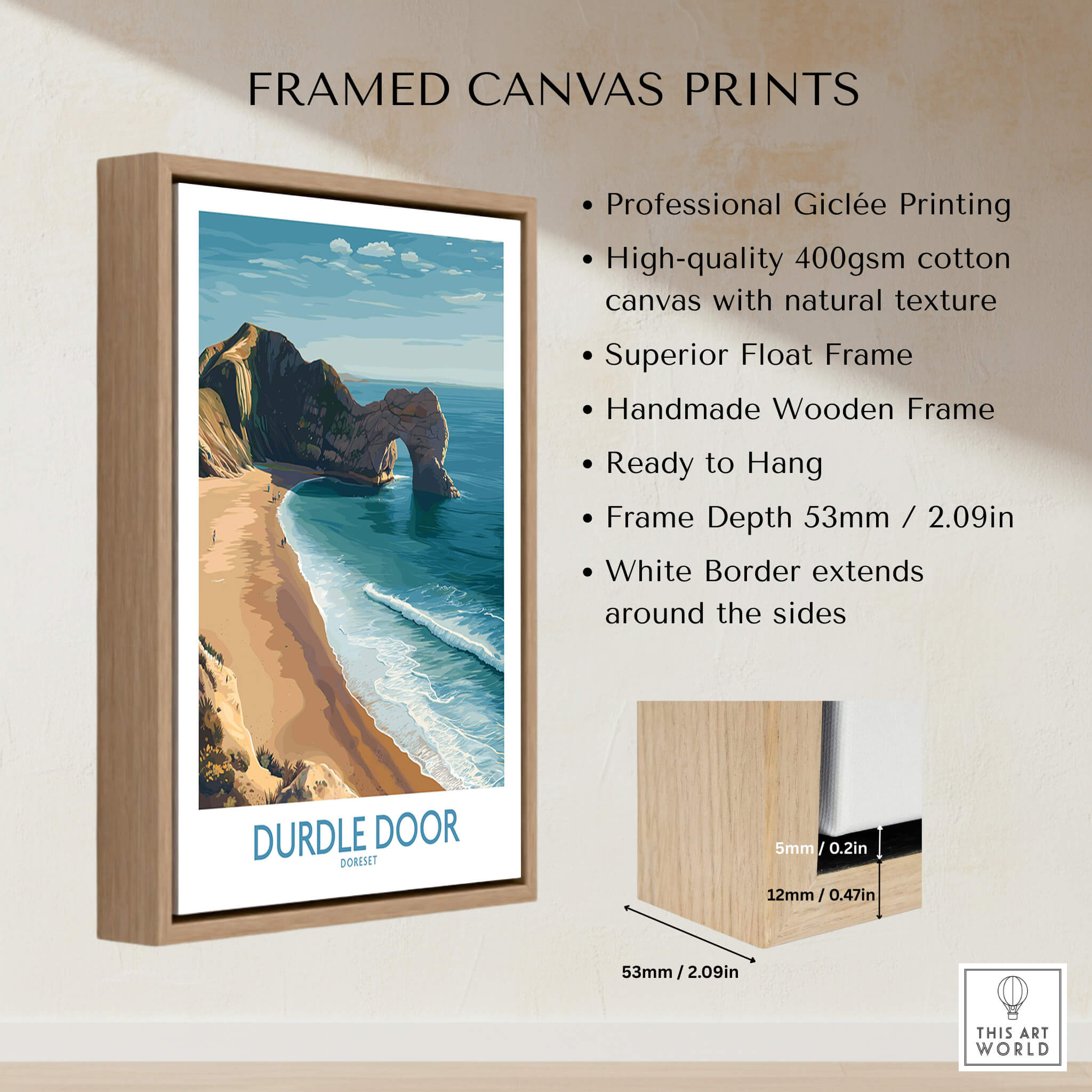 Durdle Door Art Print Dorset Wall Art framed canvas print showcasing Dorset's iconic limestone arch and coastal beauty.