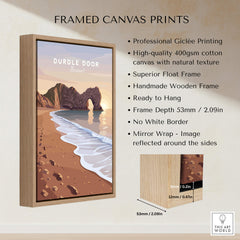 Durdle Door Travel Poster – Jurassic Coast Sunset Art displayed in a framed canvas print with natural texture.