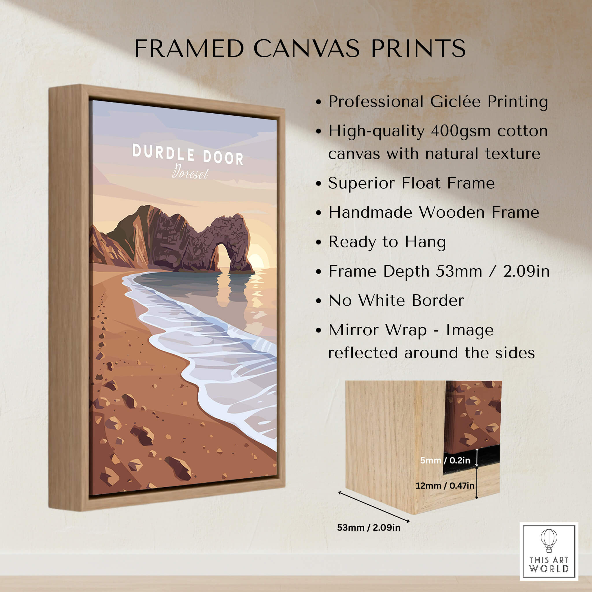 Durdle Door Travel Poster – Jurassic Coast Sunset Art displayed in a framed canvas print with natural texture.