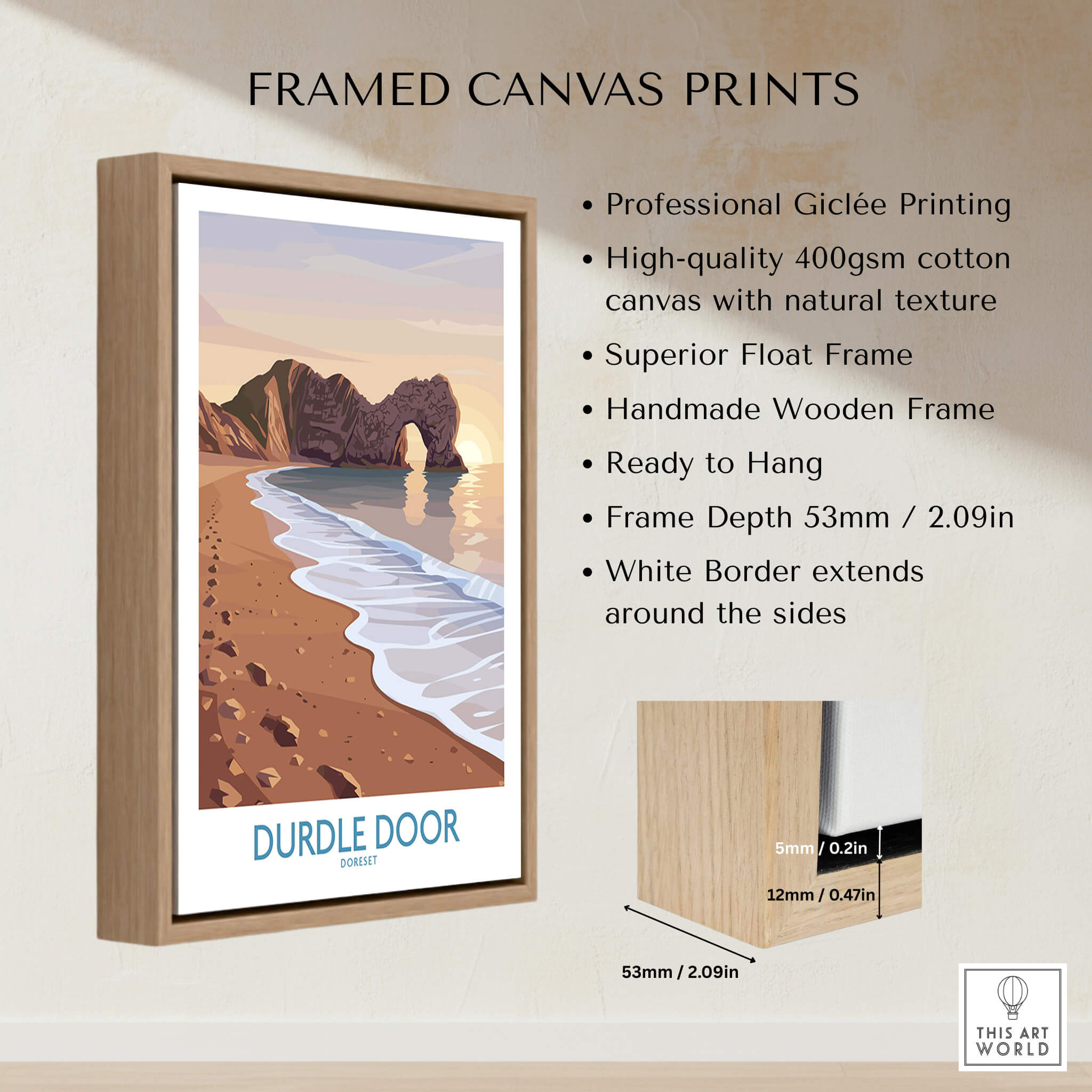 Durdle Door Dorset Wall Art – Canvas Poster framed print showcasing a scenic view of Durdle Door and the coastline.