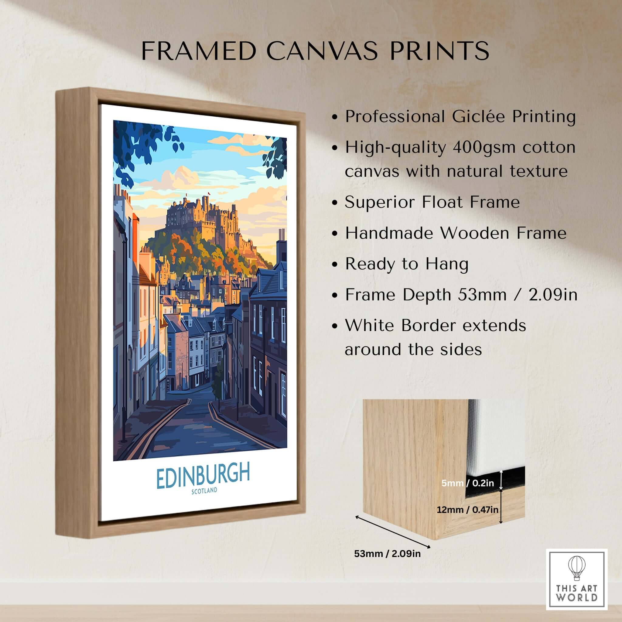 Edinburgh Wall Art Print displayed in a stylish wooden frame, showcasing the iconic Edinburgh castle.