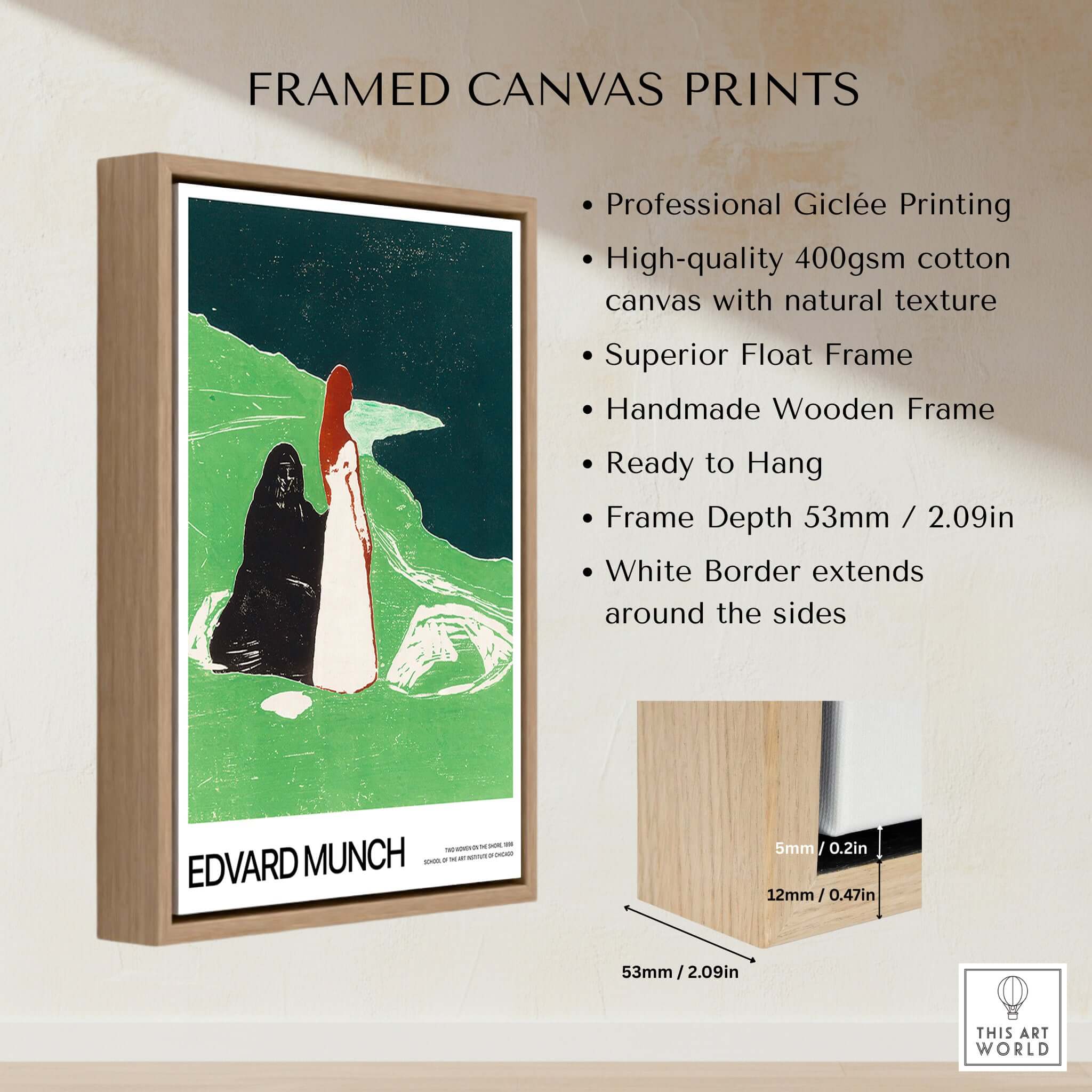 Edvard Munch Art Print - Two Women on the Shore 1898 Woodcut AIC Poster displayed in a professional float frame.