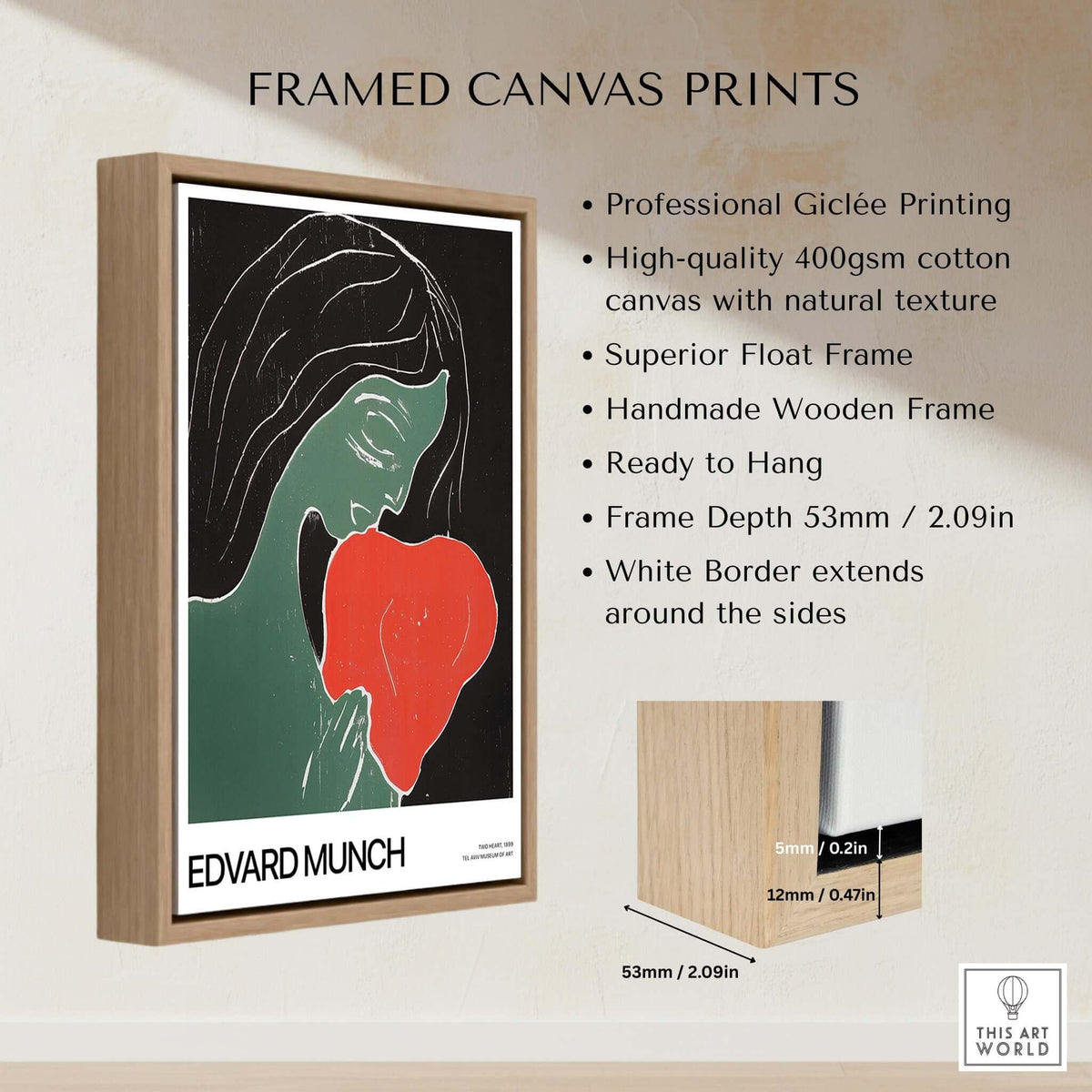 Edvard Munch Art Print - Edvard Munch Two Heart c1899 Woodcut - Symbolist Love Poster displayed on framed canvas print.