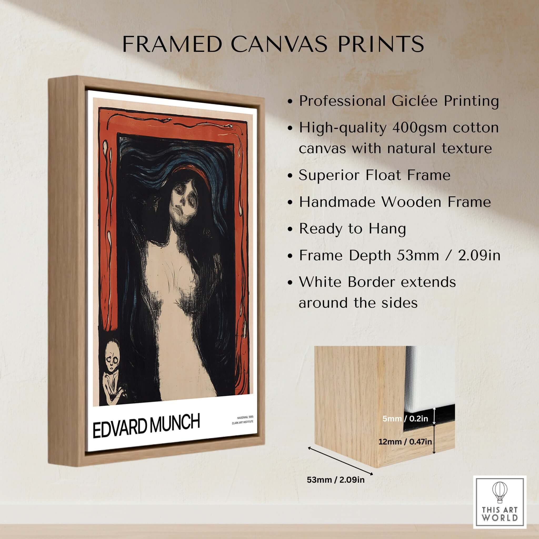 Edvard Munch Art Print - Madonna 1895 Color Lithograph Symbolist Poster framed canvas print on display.