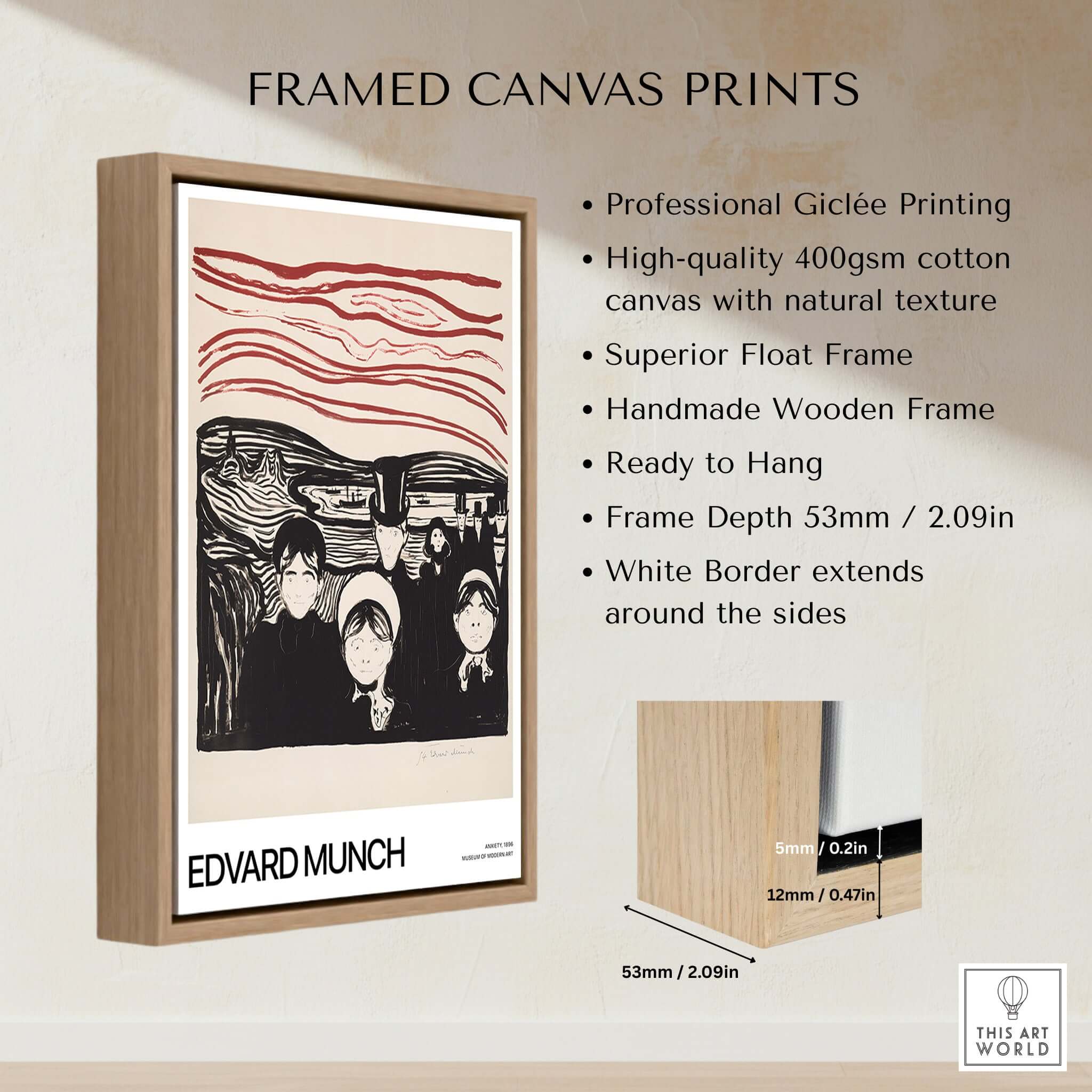 Edvard Munch Art Print - Anxiety 1896 Expressionist Lithograph MoMA Poster framed with wooden border.