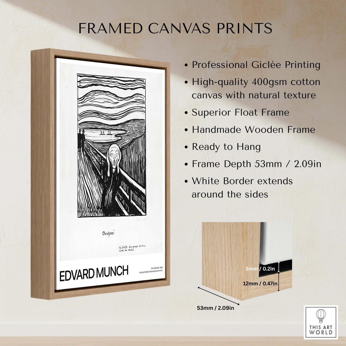Edvard Munch The Scream 1895 Lithograph Art Print Expressionist Poster framed canvas print with wooden frame