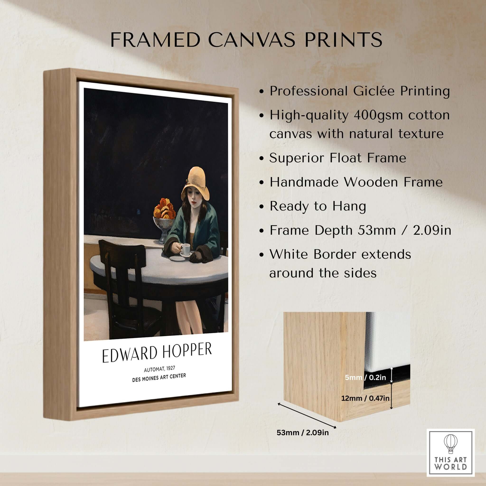 Framed canvas print of Edward Hopper Automat 1927 Des Moines Art Center Poster Print with high-quality giclée printing.