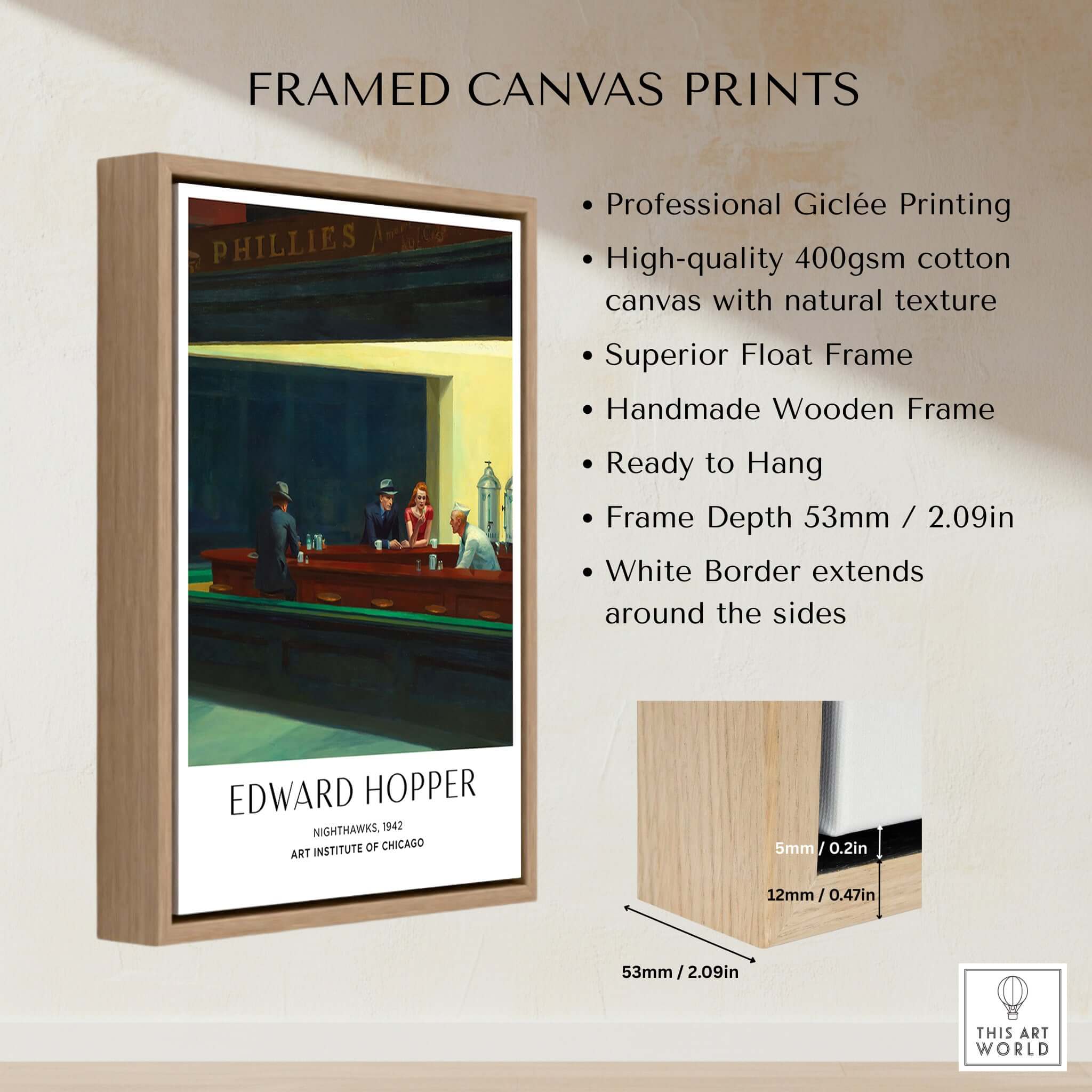 Edward Hopper Nighthawks 1942 Iconic Diner Art Print AIC Poster framed canvas print with natural texture.