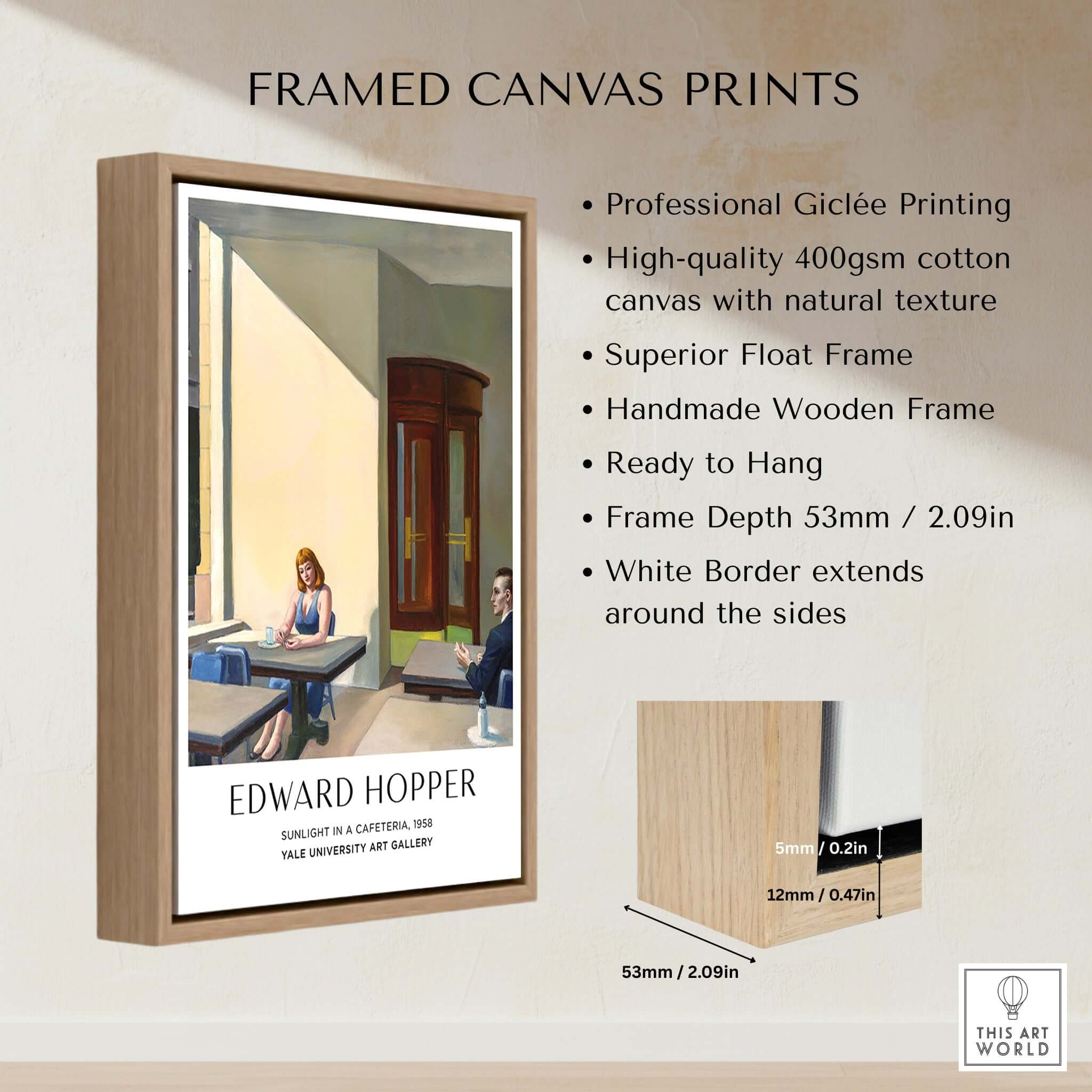 Edward Hopper Sunlight in a Cafeteria 1958 Yale Art Gallery Print framed canvas print showcasing urban isolation.