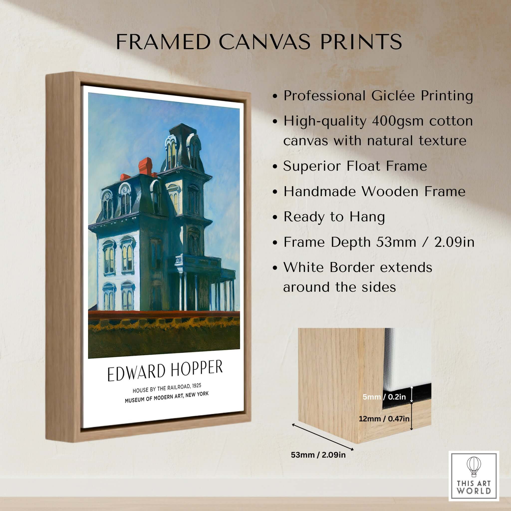Edward Hopper House by the Railroad 1925 MoMA Art Print Poster framed canvas print with natural texture.