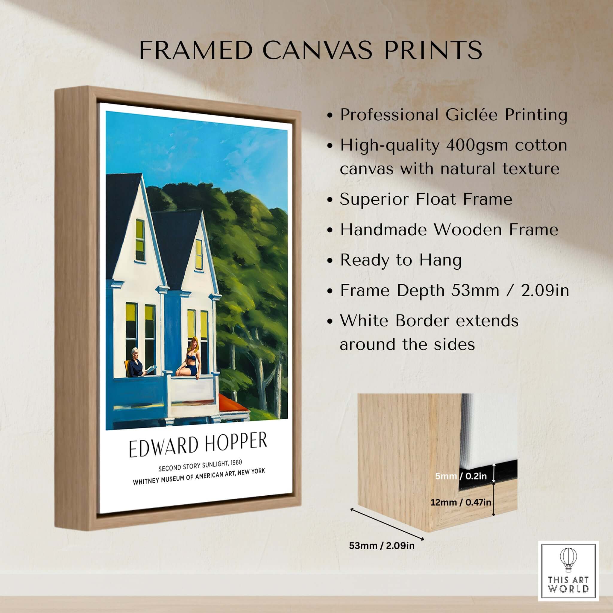 Edward Hopper Second Story Sunlight 1960 Art Print - Whitney Museum framed canvas print display with dimensions and features