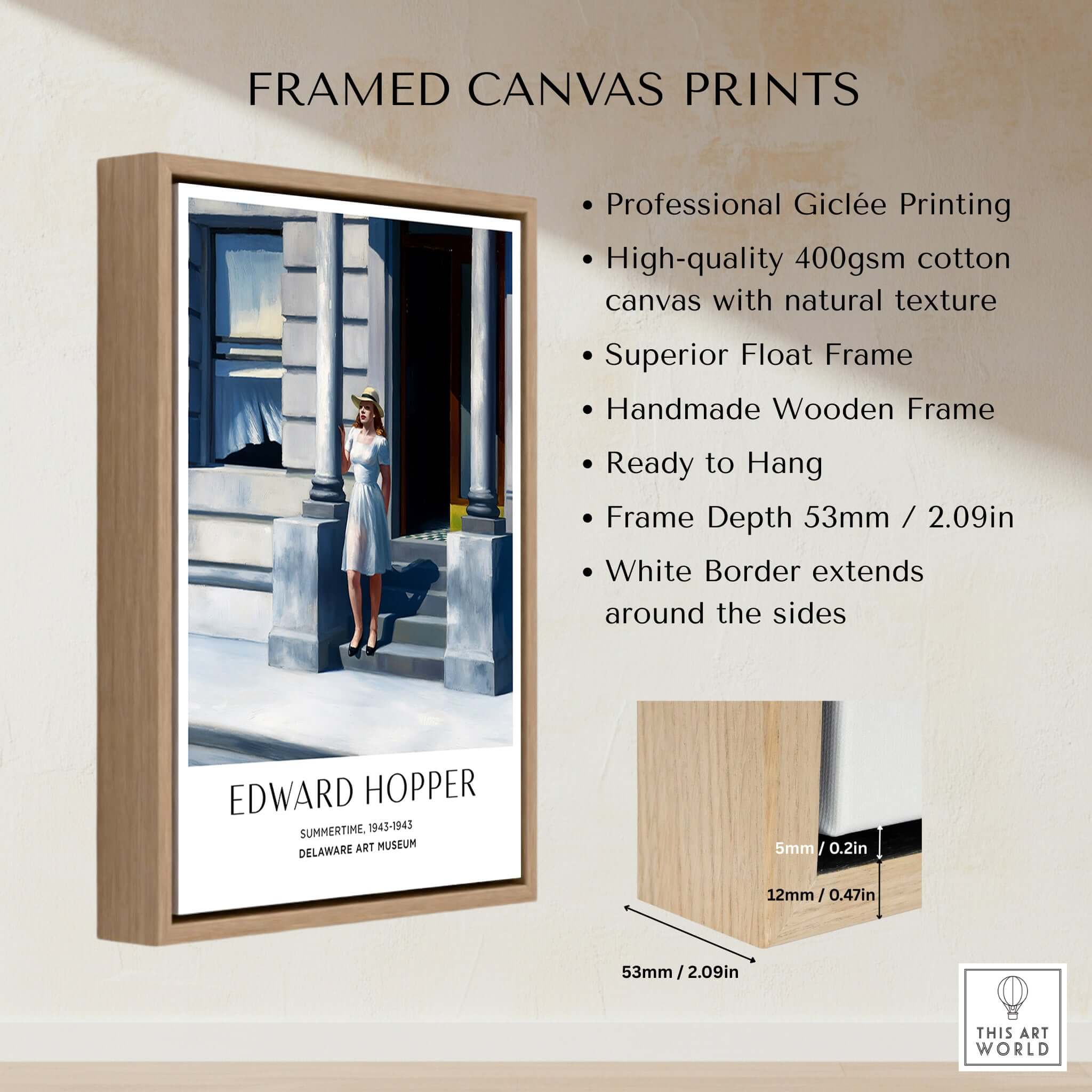 Edward Hopper Summertime 1943 Delaware Art Museum Art Print framed canvas print with natural texture and wooden frame.