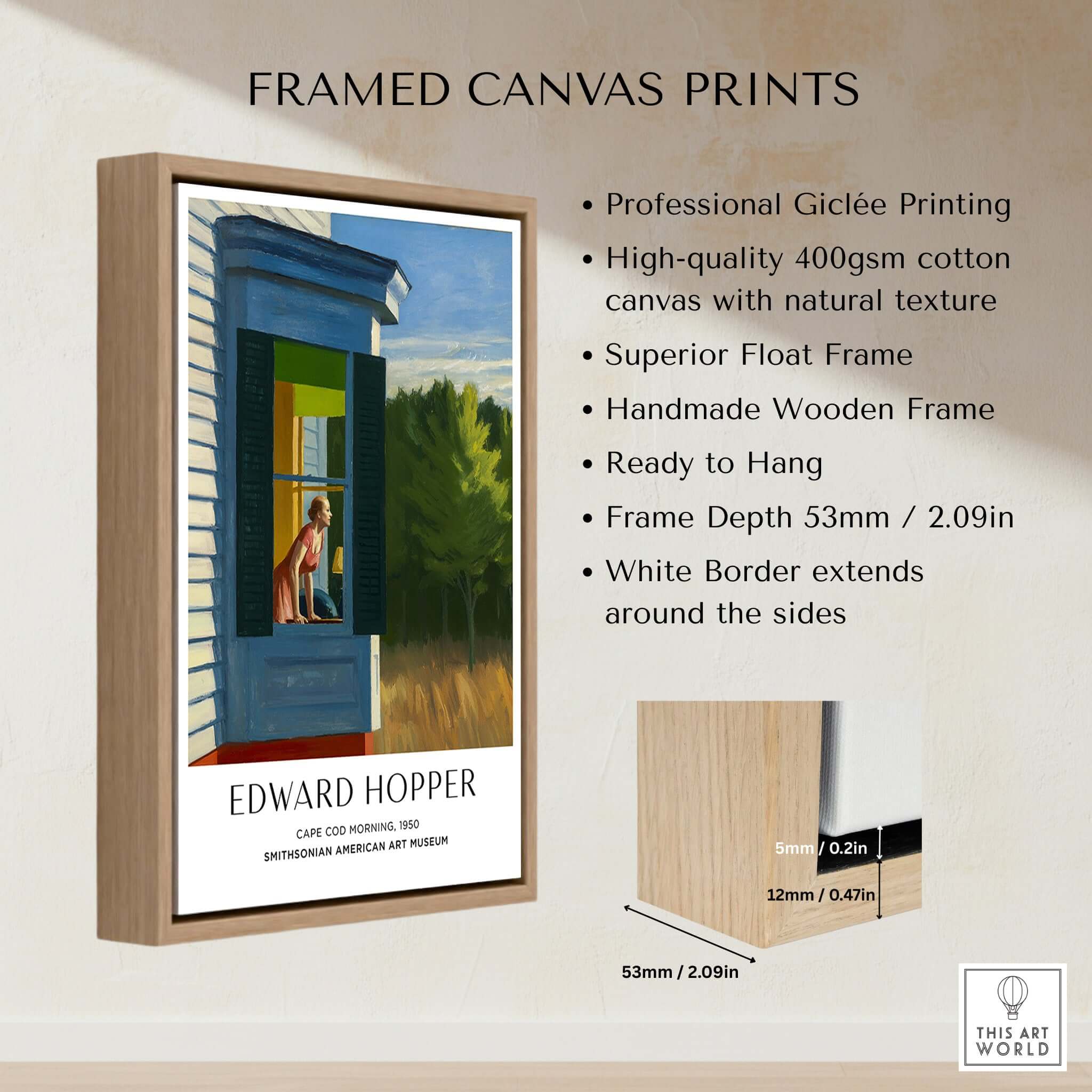 Edward Hopper Cape Cod Morning 1950 Art Print Poster - American Realism framed canvas print featuring a sunlit window scene.