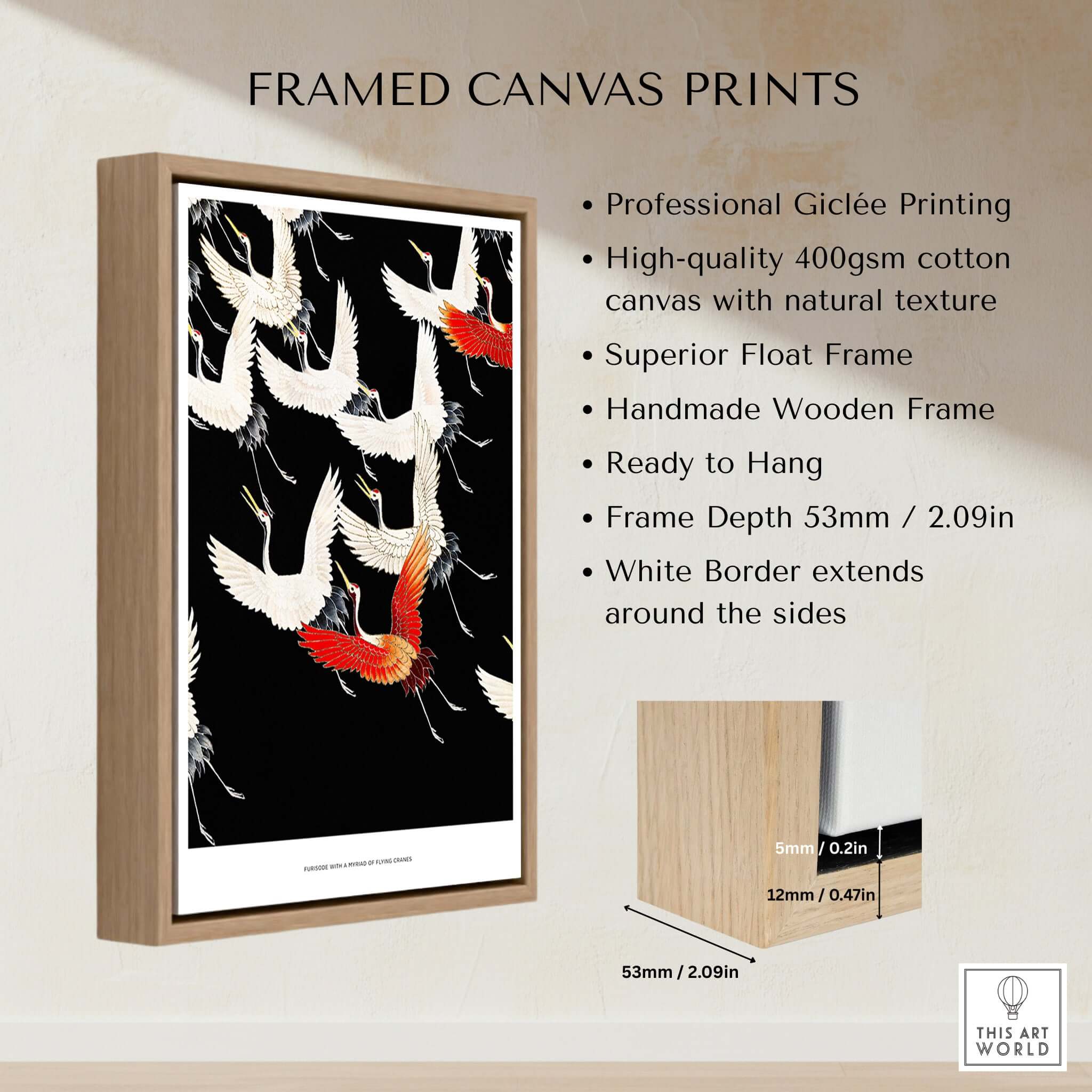 Exhibition Art Print Myriad of Flying Cranes Japanese Bird Pattern Poster Wall Art Framed Canvas Print with white border.