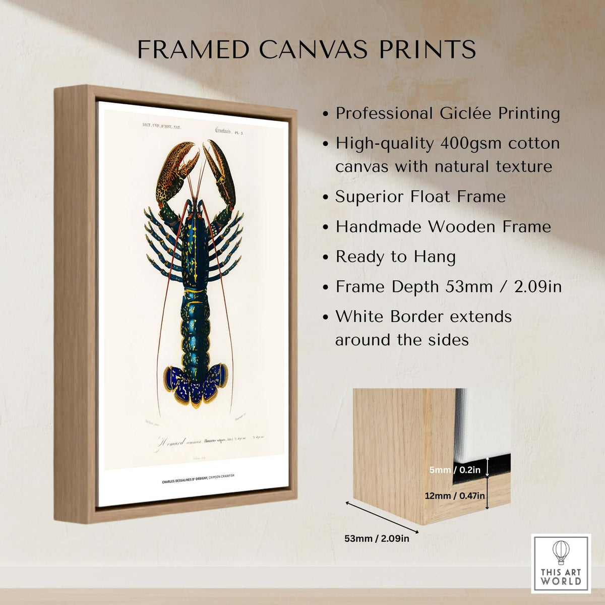 Exhibition Art Print Charles d'Orbigny Crimson Crawfish Vintage Lobster Illustration Wall Art framed canvas print