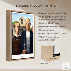 Exhibition Art Print American Gothic Grant Wood Famous Painting Wall Art Poster framed canvas with detailed features.
