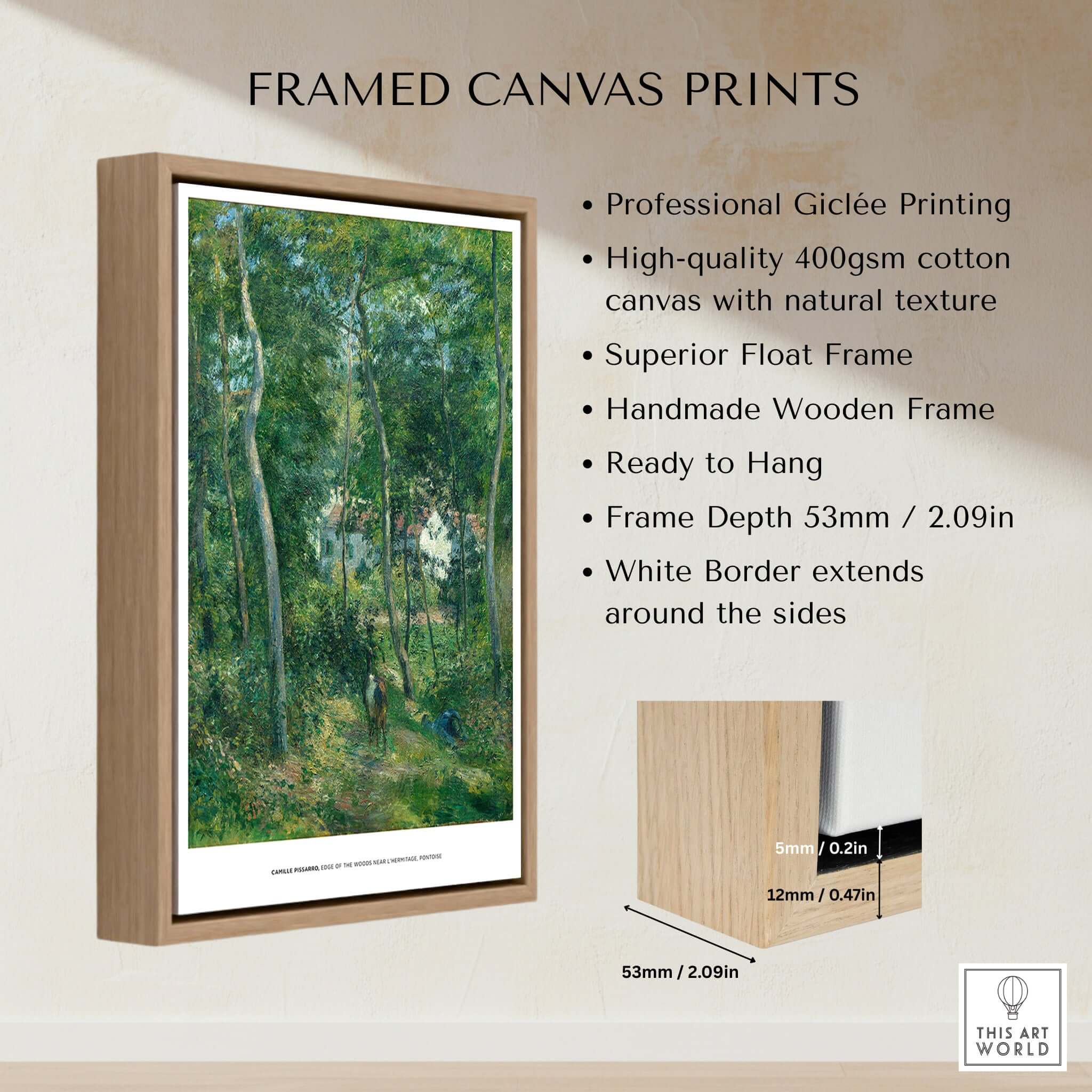 Exhibition Art Print Camille Pissarro Edge of the Woods Impressionist Landscape Poster Wall Art framed with a natural wooden frame.