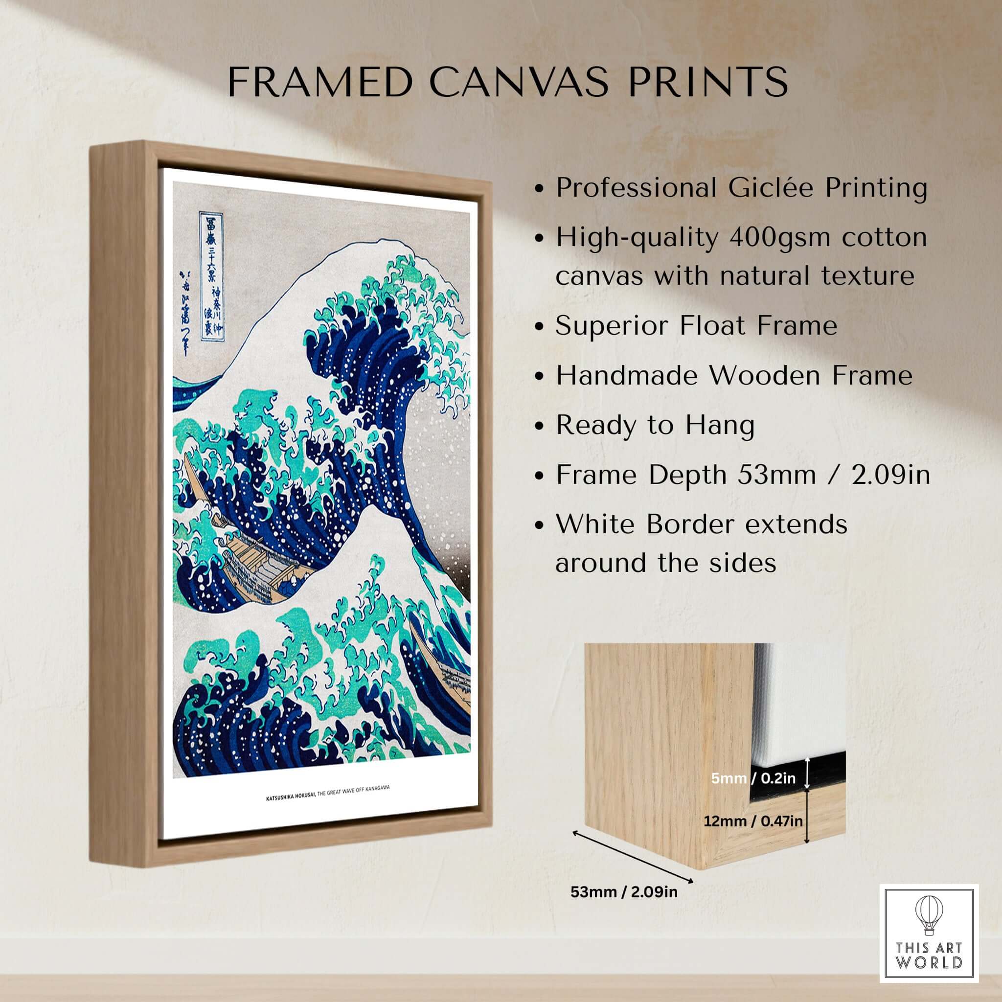 Exhibition Art Print Hokusai The Great Wave off Kanagawa Japanese Ukiyo-e Poster in a wooden frame with white border.