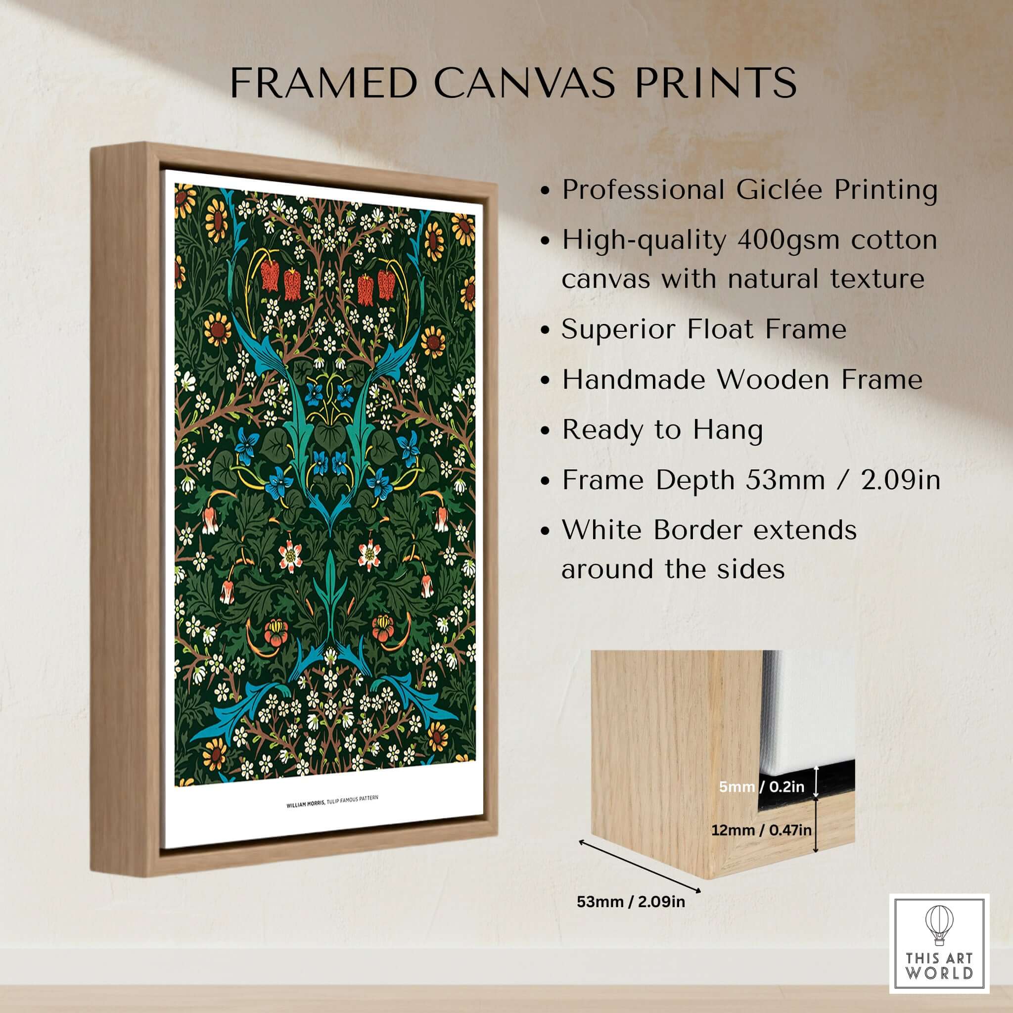 Exhibition Art Print William Morris Tulip Famous Pattern Arts Crafts Floral Poster Wall Art in a framed canvas print.