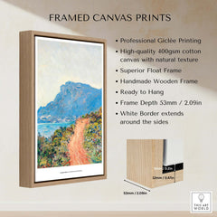 Framed canvas print featuring professional Giclée printing, high-quality cotton canvas, and a stunning landscape artwork.