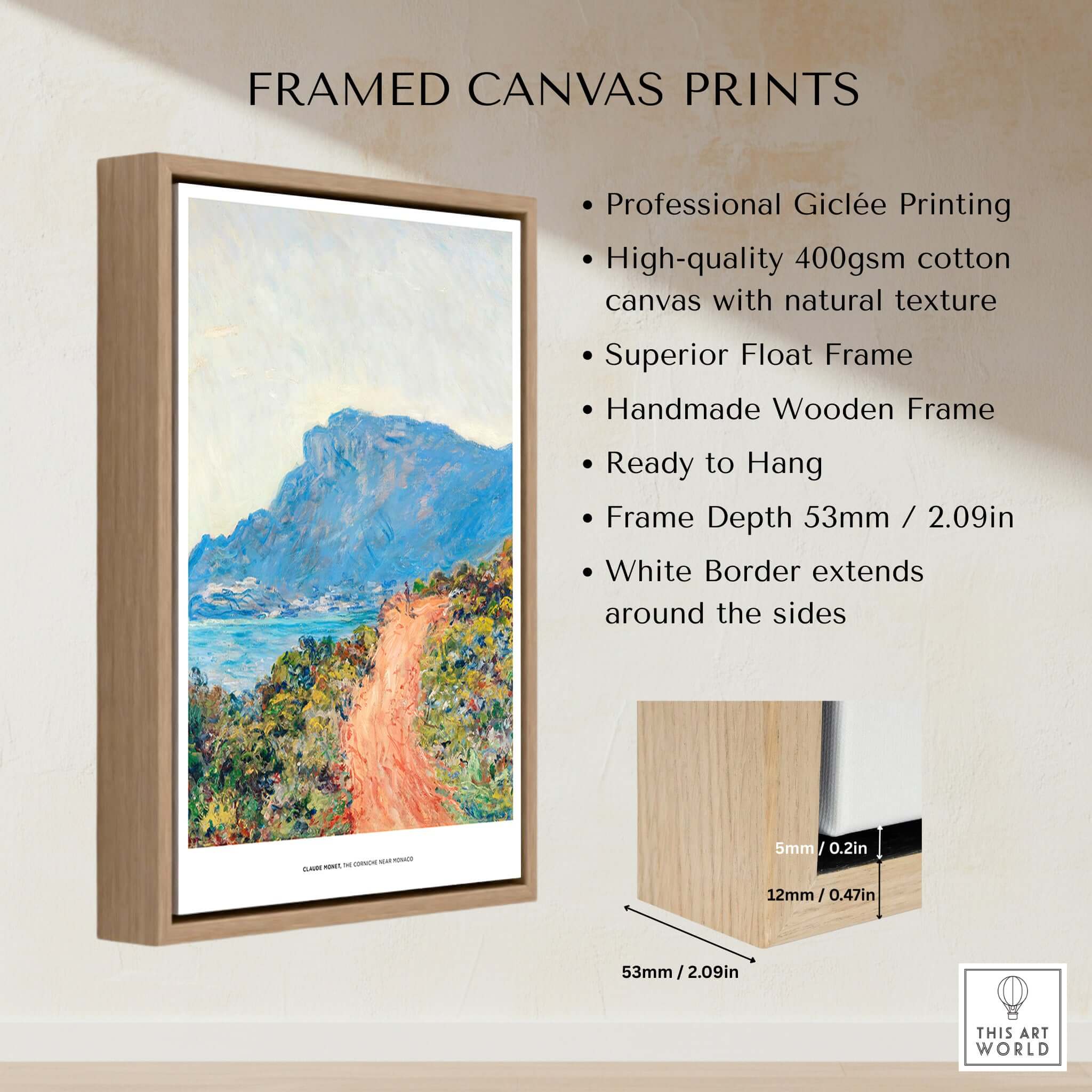 Framed canvas print featuring professional Giclée printing, high-quality cotton canvas, and a stunning landscape artwork.