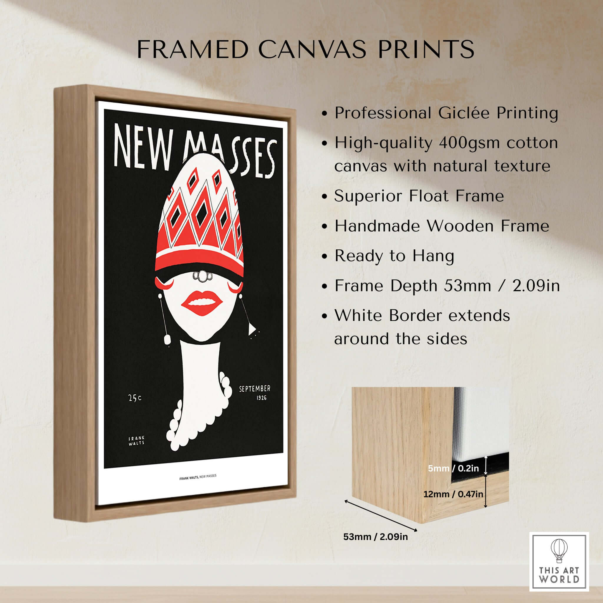 New Masses Frank Walts Art Deco Magazine Cover Poster Wall Art Print displayed in a framed canvas with wooden frame.