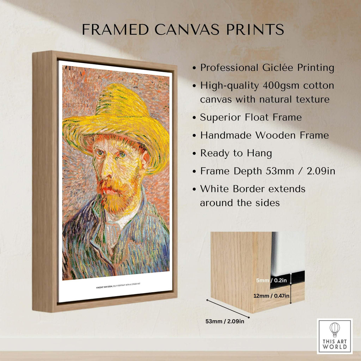 Vincent van Gogh Self Portrait Straw Hat Post-Impressionist Art Print Poster in a framed canvas setting.