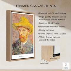 Vincent van Gogh Self Portrait Straw Hat Post-Impressionist Art Print Poster in a framed canvas setting.