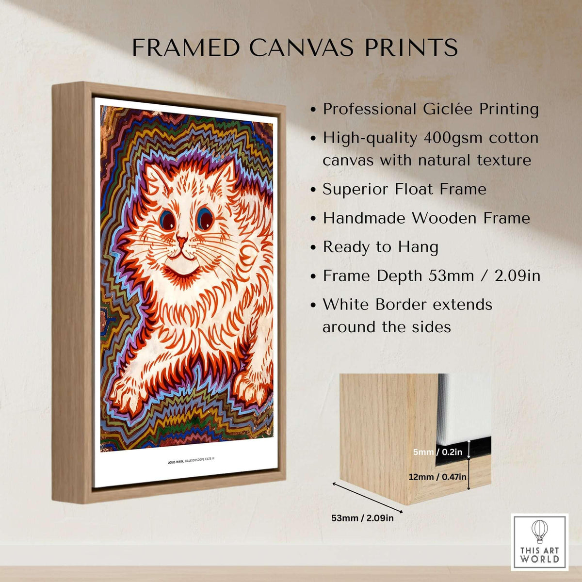 Kaleidoscope Cat Psychedelic Feline Poster Wall Art Louis Wain Exhibition Art Print in framed canvas print format.
