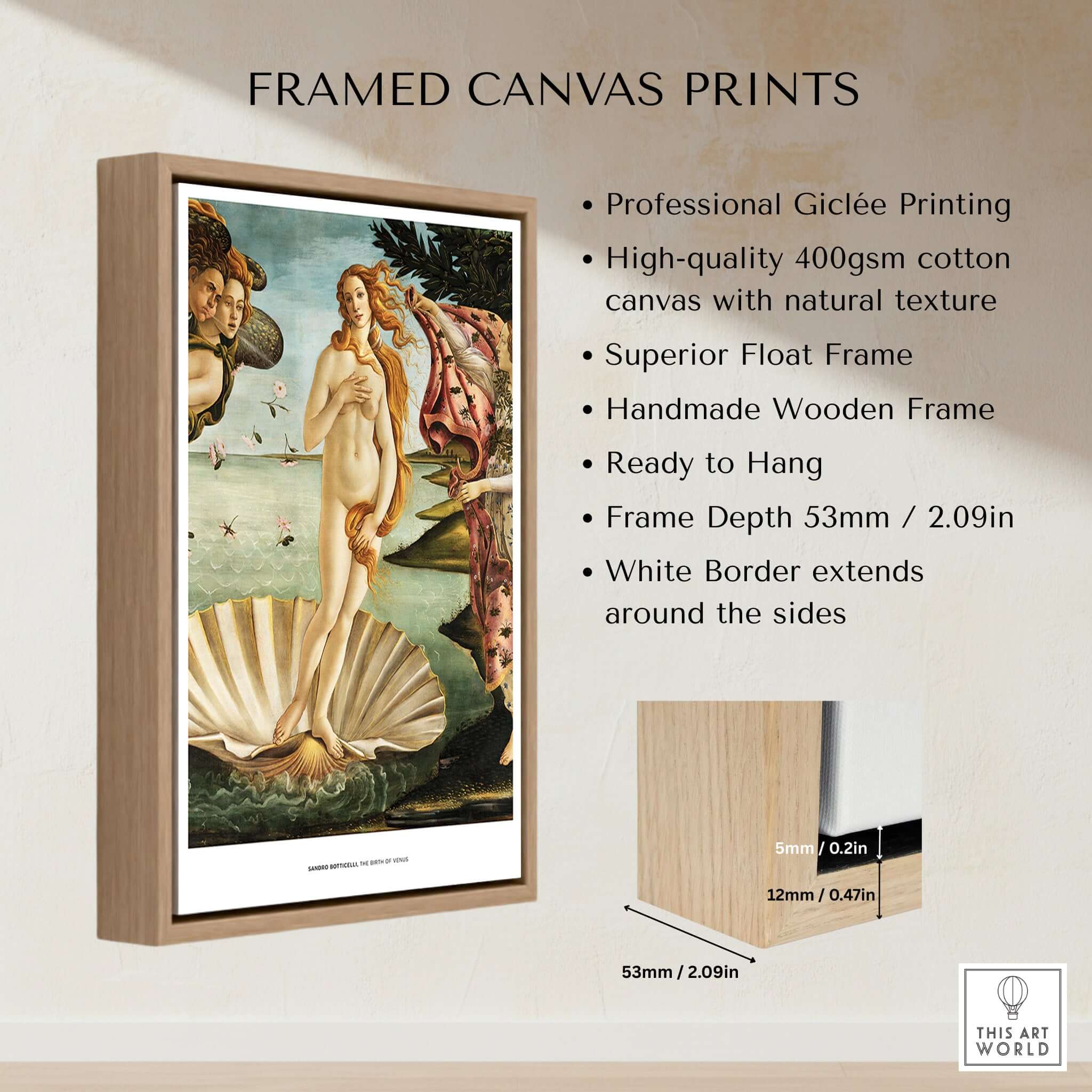 The Birth of Venus Art Print Sandro Botticelli Mythology Poster framed canvas print with high-quality giclée printing.