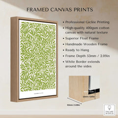 Exhibition Art Print William Morris Willow Pattern Green Botanical Wall Art displayed in a wooden frame with white border.