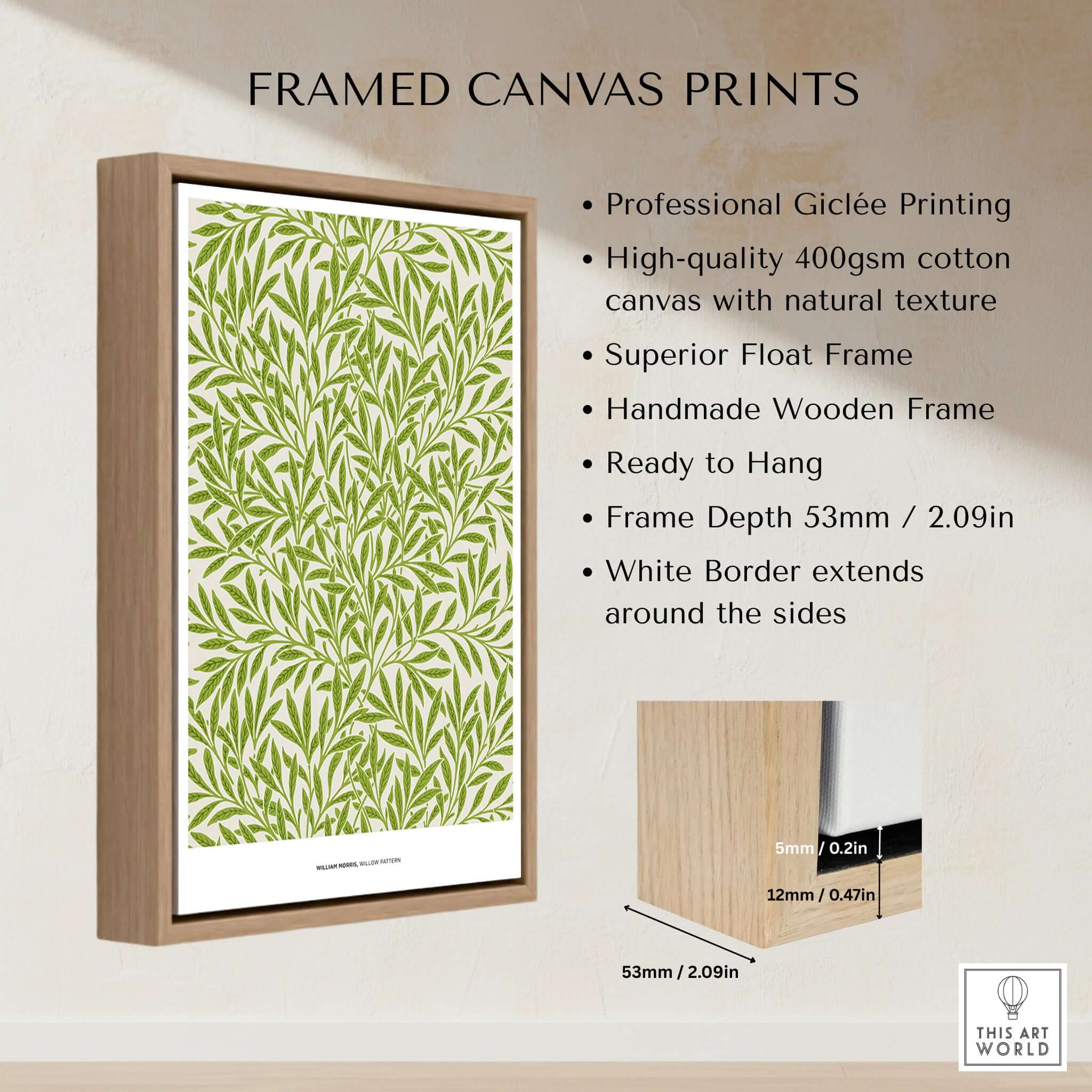 Exhibition Art Print William Morris Willow Pattern Green Botanical Wall Art displayed in a wooden frame with white border.